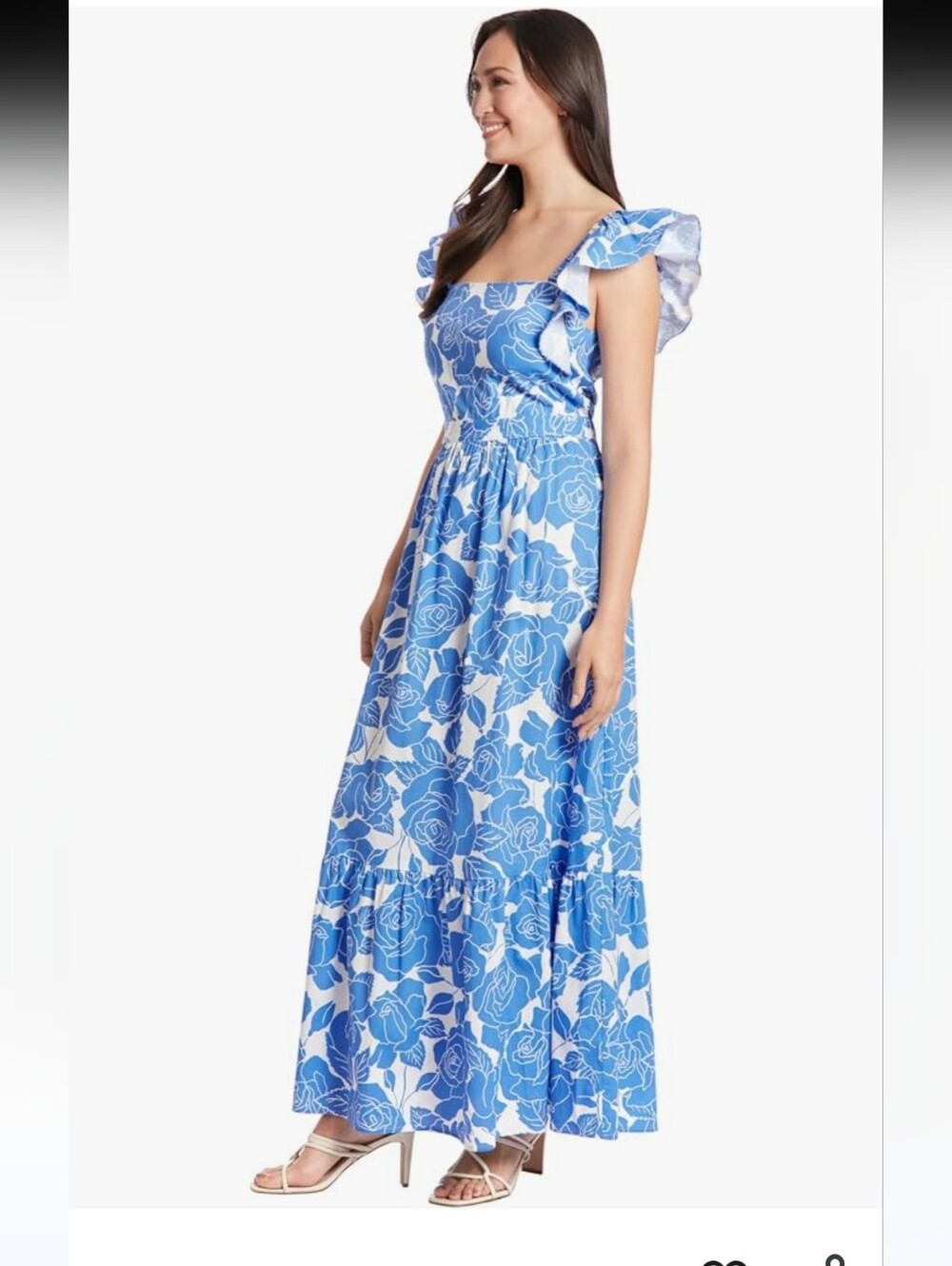 LONDON TIMES Blue Floral Ruffle-Sleeve Maxi Dress SZ 14